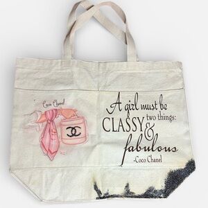 Designer Inspired White and Pink Large Graphic Tote “A Girl Must Be Two Things”